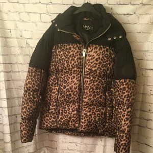 boohooMan Men's Leopard Print Contrast Hoodie Puffer Jacket -Size: Medium